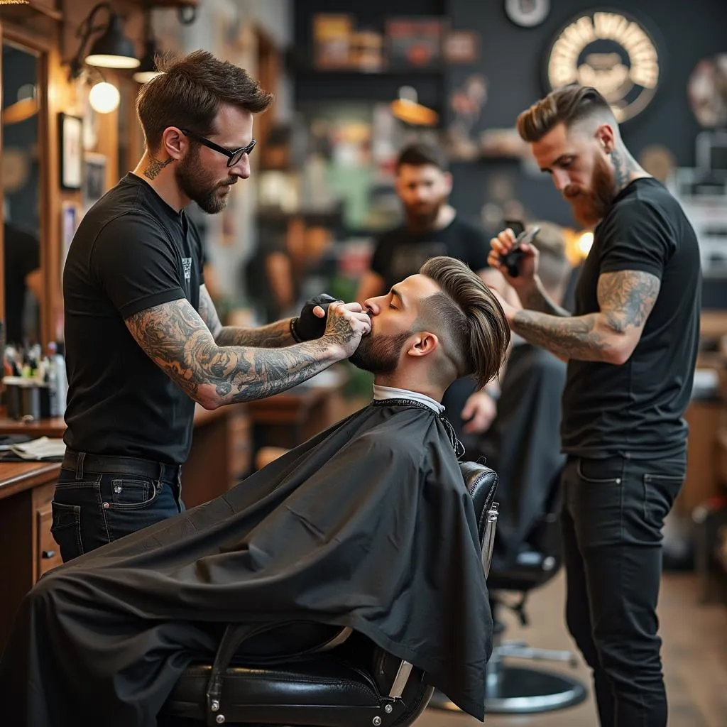 Equipo de barberos en acción
